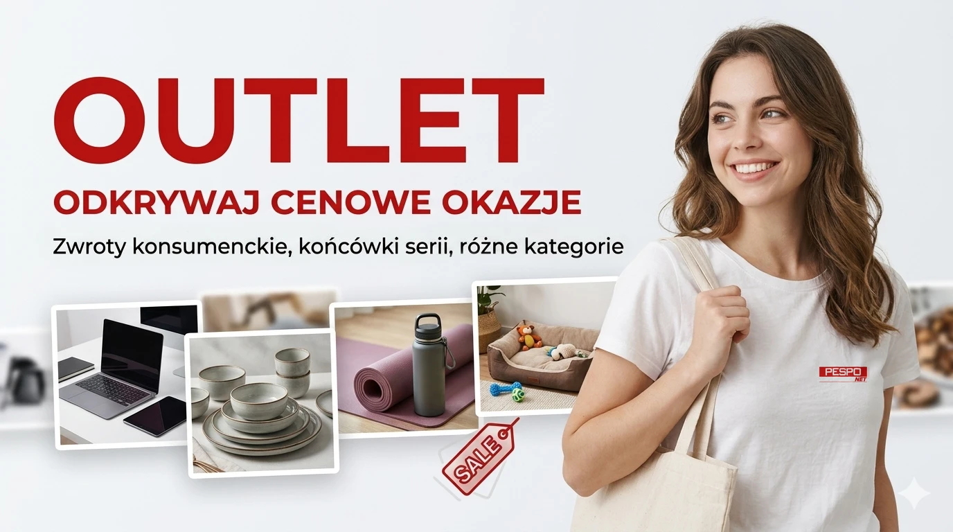Baner informacyjny ze zdjęciami różnych produktów w outlecie pesponet kielce